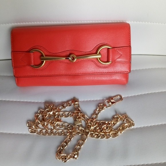 Gucci Red/Orange Leather Horse bit long wallet Authentic w/Chain & insert - Picture 2 of 15